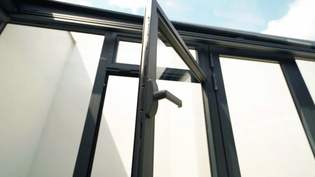 Detail van een aluminium kozijn in een Aluxe tuinkamer